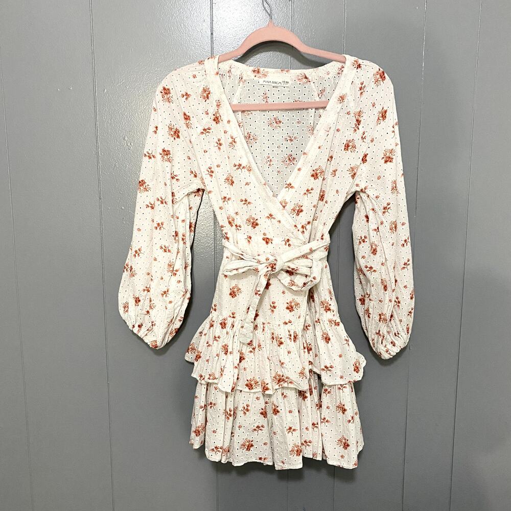 Maia Bergman White Floral Ines Ruffle Balloon Sleeves Wrap Mini Dress S